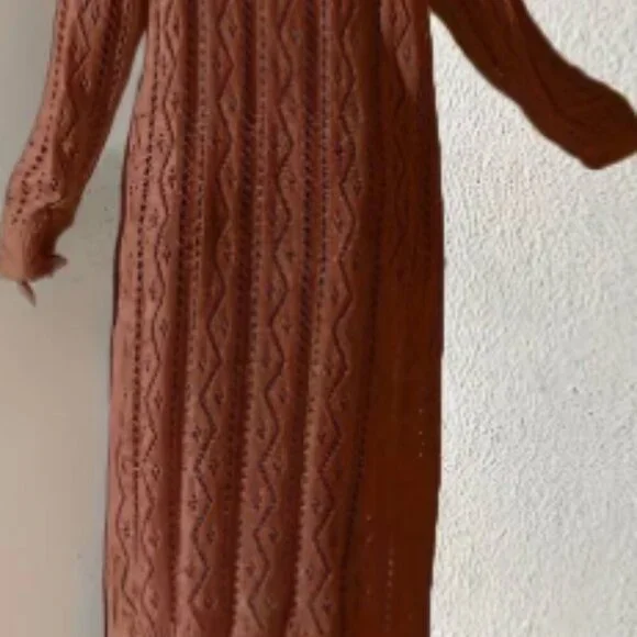 V-Neck Crochet Cardigan – Geometric Pattern, Size Medium Rust Color - Picture 2 of 3